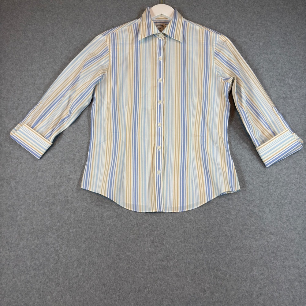 Brooks Brothers 346 Button Down Shirt Womens 4 Blue Tan Striped Non-Iron Fitted